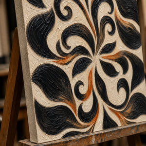 Close-up detail of Noir Botanical Scroll showing hand-painted texture and part of the frame