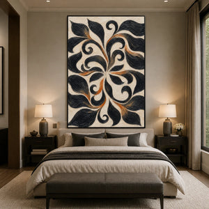 Noir Botanical Scroll in a refined bedroom with black frame