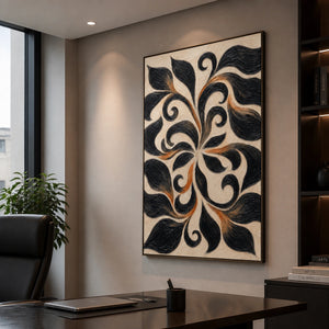 Noir Botanical Scroll in a refined office, frameless