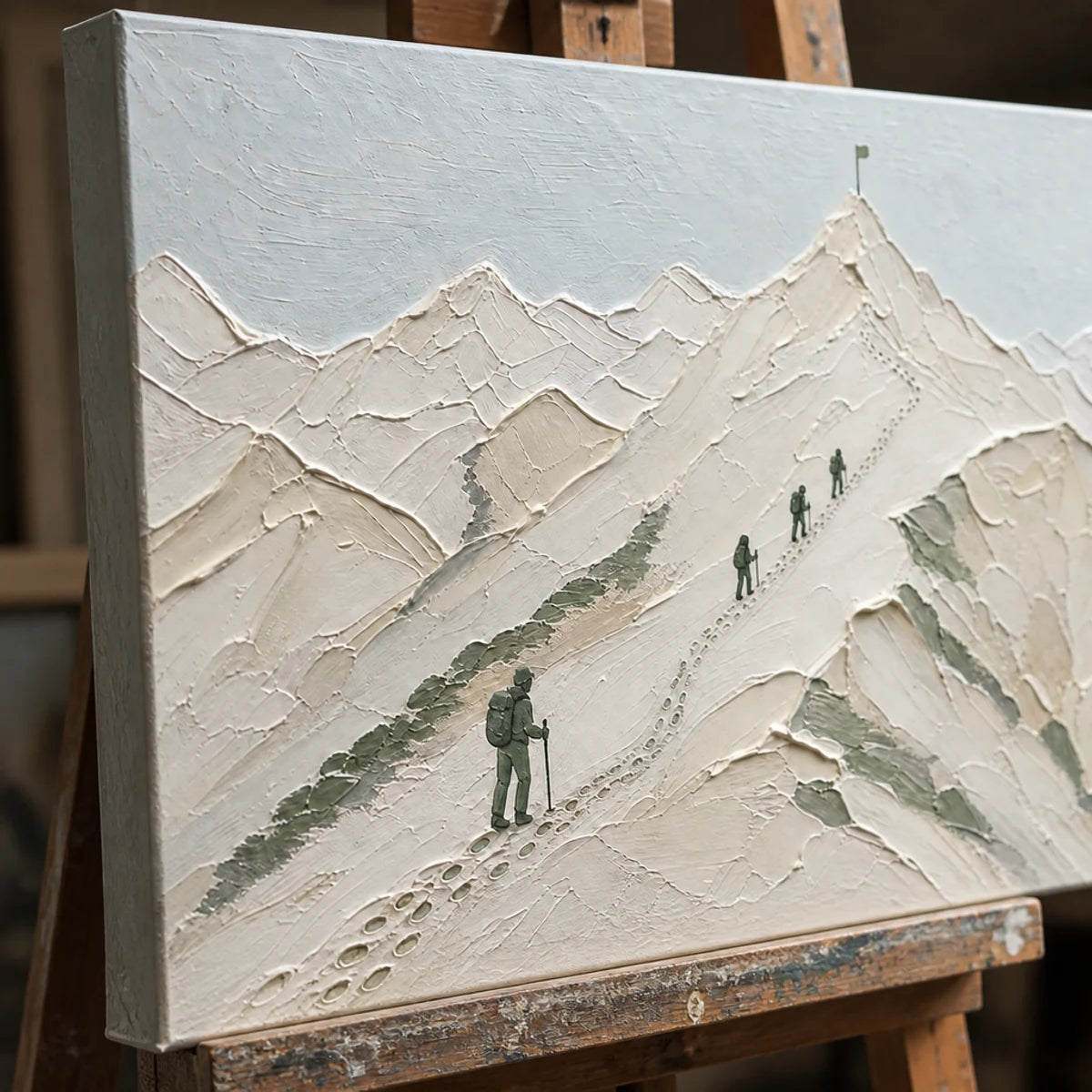 Close-up detail of Ascent To Silence showing hand-painted texture and part of the frame