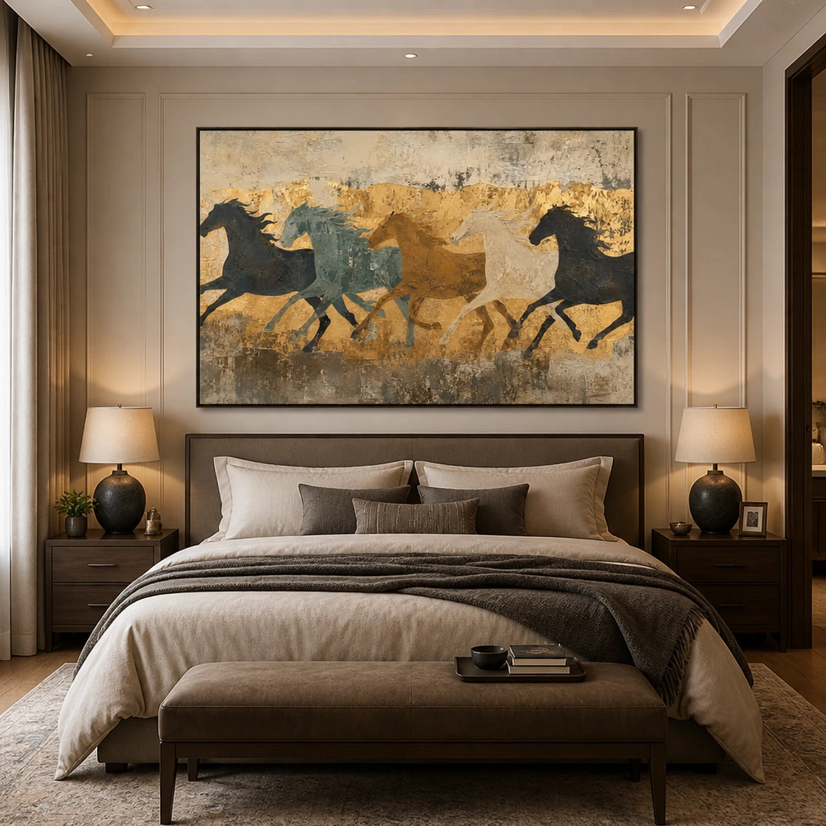 Golden Herd Passage in a refined bedroom with black frame