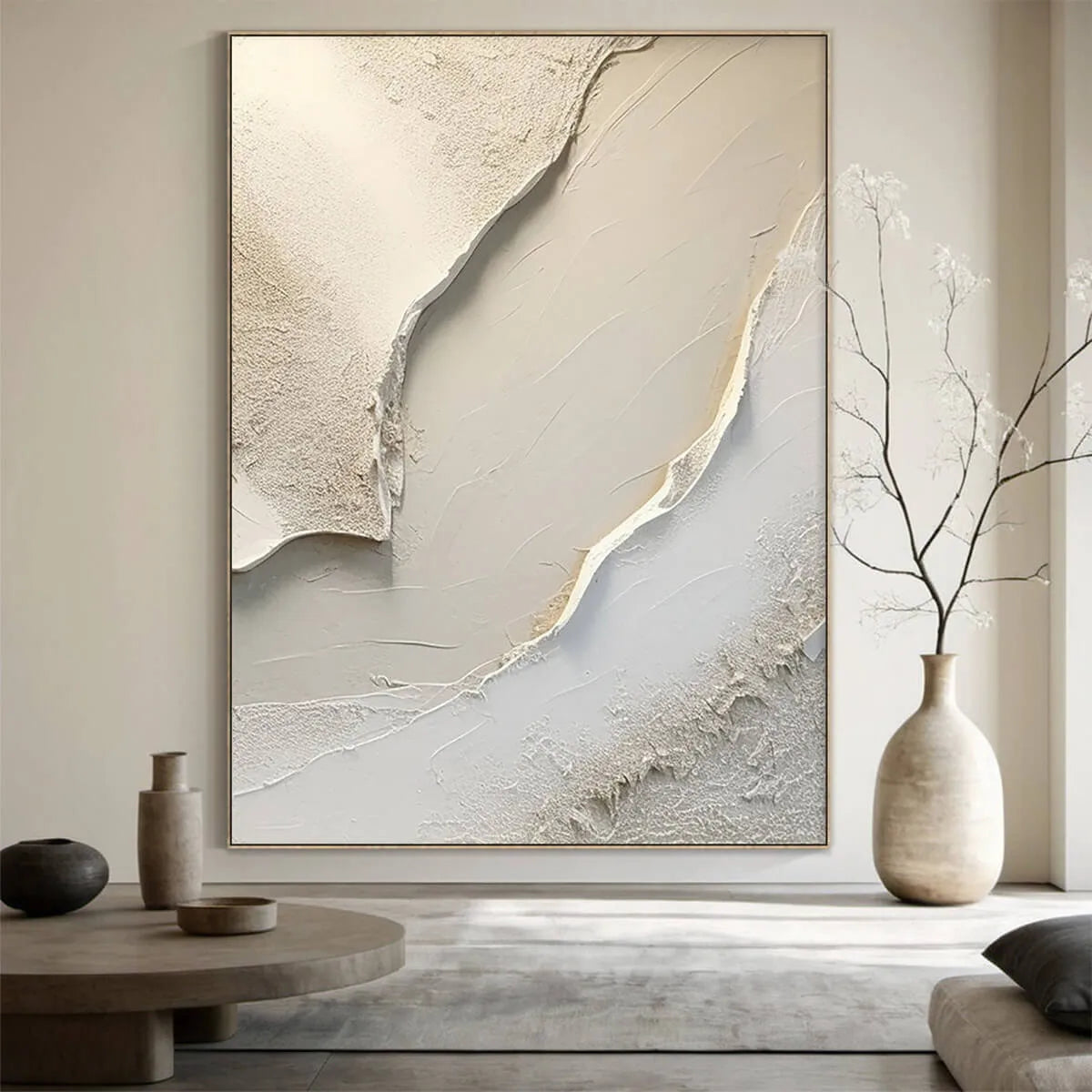 SERENE PATHWAYS: Minimalist Beige Textured Impasto Oil Painting