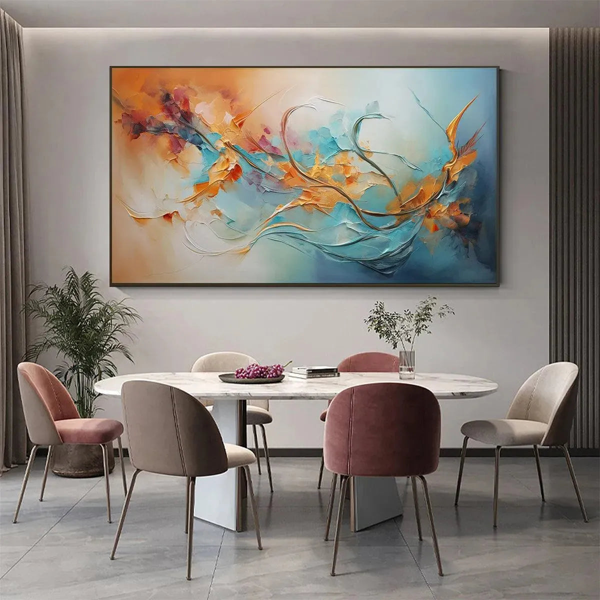 Serene Dawn: Panoramic Abstract Teal and Gold Oil Painting on Canvas