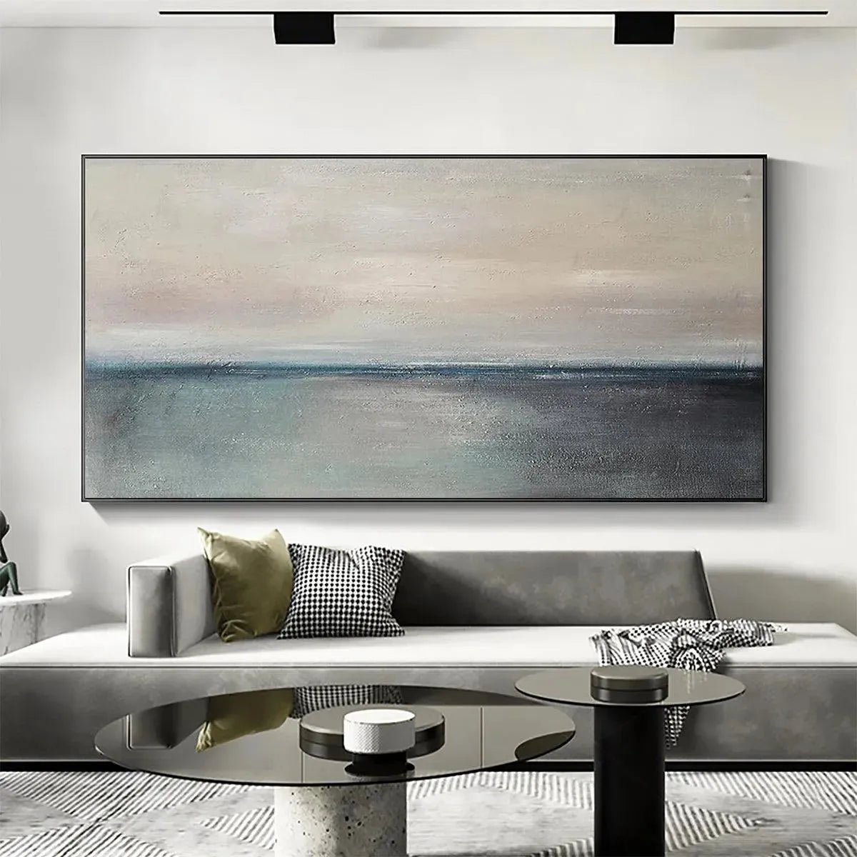SERENE HORIZON seascape painting by Liam O'Connell, framed panoramic artwork with muted colors, horizontal wall art