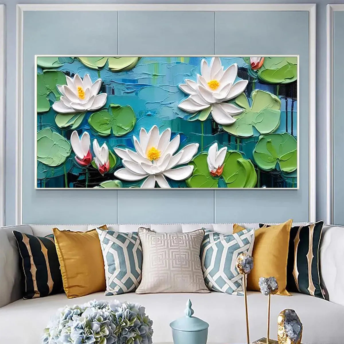 Serene Lotus Pond painting by Isabella Rossi: Textured water lilies and lily pads, horizontal wall art