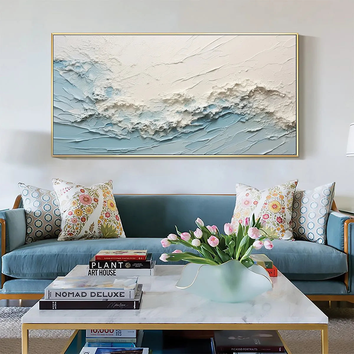 Serene Seascape: Panoramic Textured Abstract Painting | Impasto Wall Art | Blue, White, Beige | Living Room & Bedroom