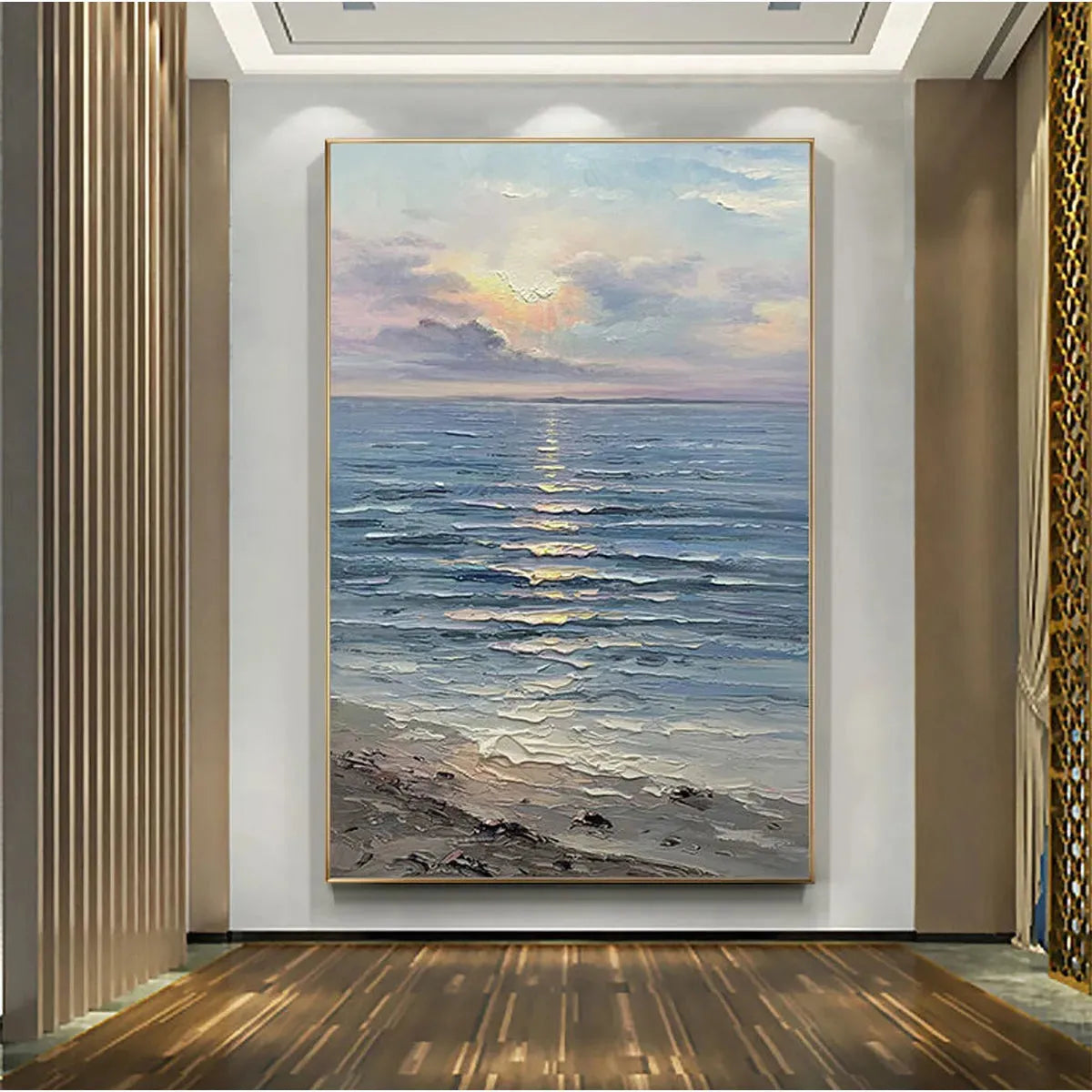 Serene Seascape: Vertical Ocean Painting | Blue | Minimalist | Beach & Sea | Living Room, Bedroom, Hallway