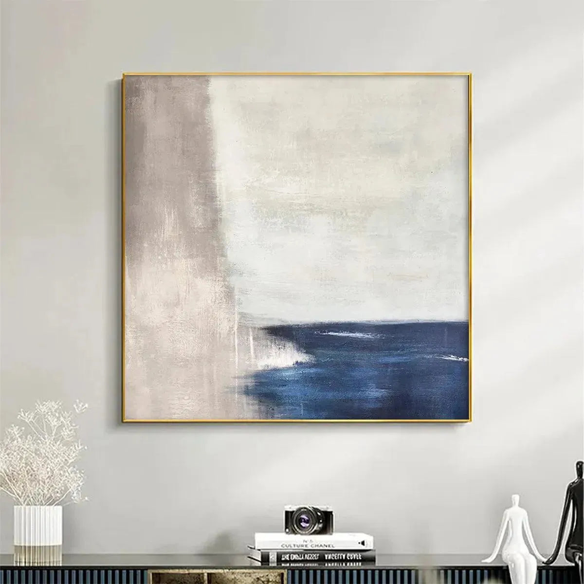 Javier Ramirez Serene Shore abstract coastal painting, blue and beige, gold frame, modern art for home decor