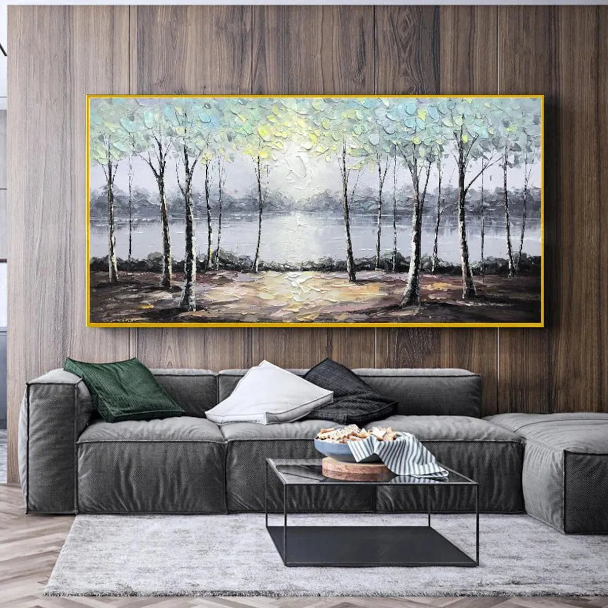 Serene Waters: Panoramic Landscape Painting | Textured Trees & Lake | Green, Blue | Living Room, Bedroom, Office