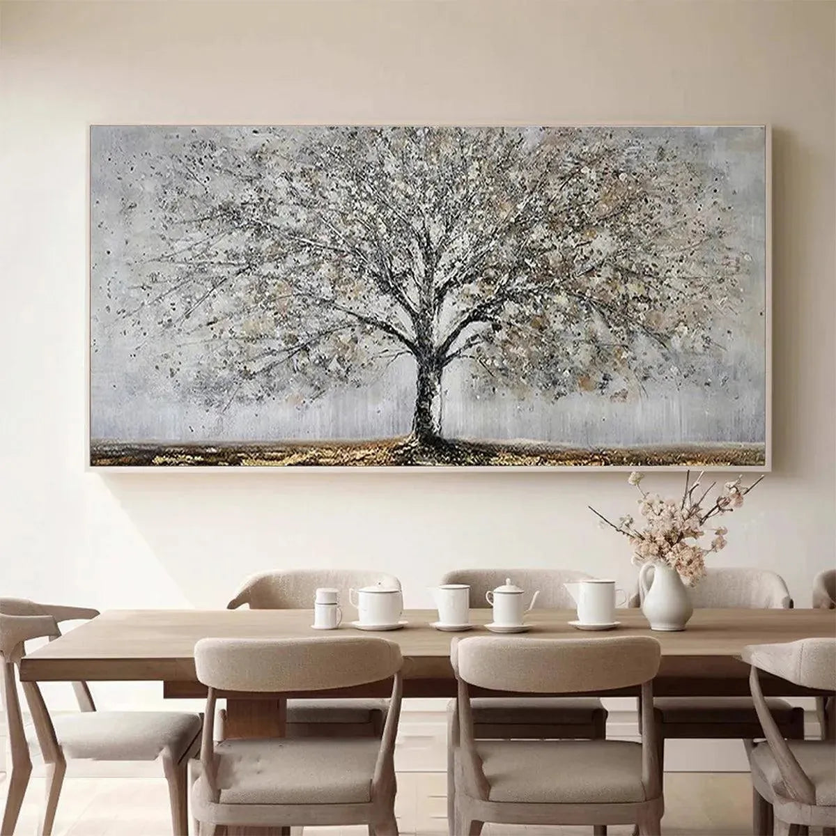 Textured Silver Birch tree artwork in grey & gold displayed in a contemporary dining room above a wood table.