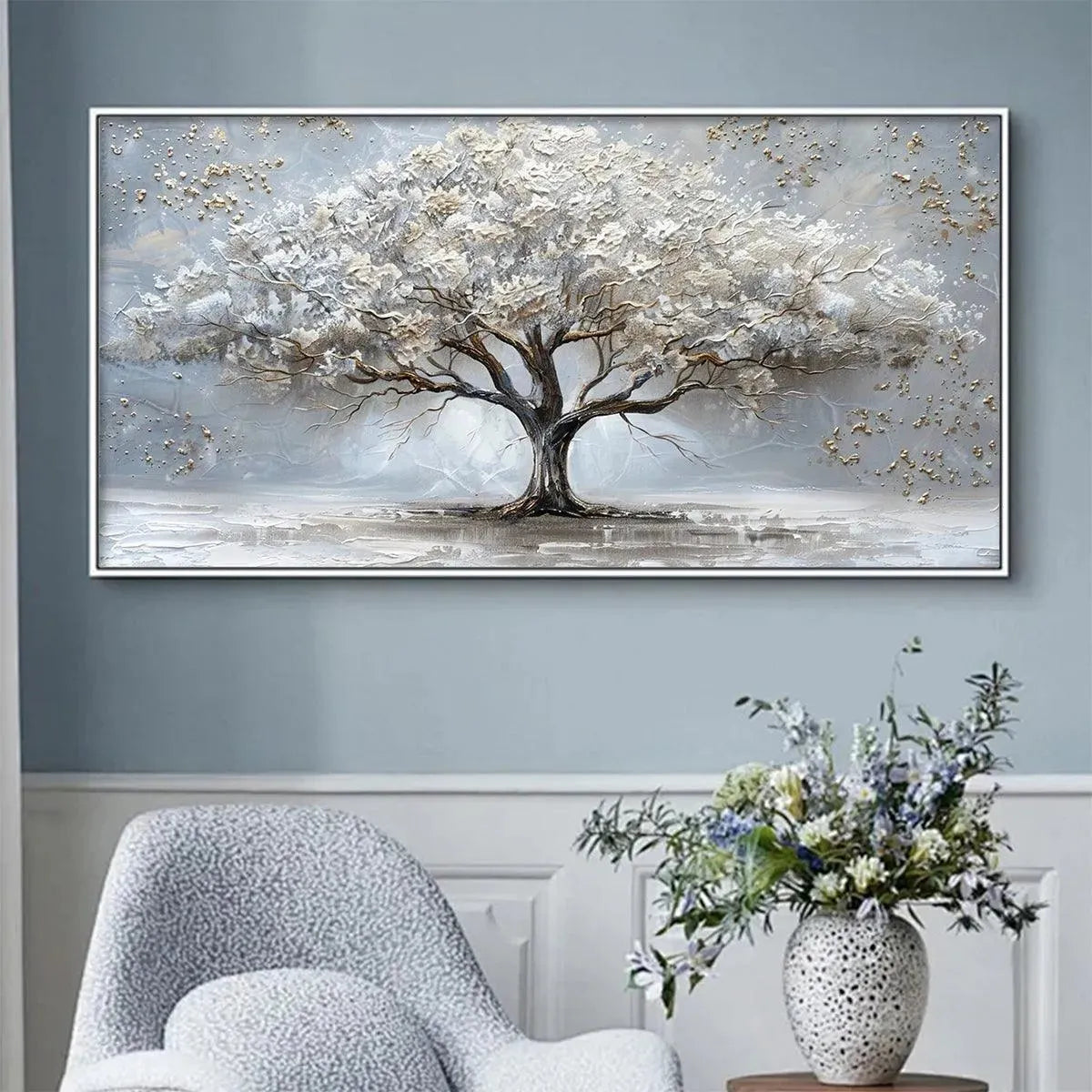 Textured oil painting "Silver Lining" by Liam O'Connell: white and gold tree on grey background, detail view.