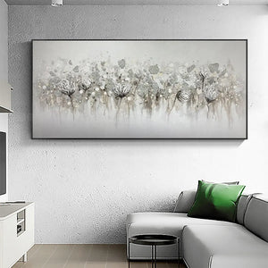 Silver Mist: Minimalist Floral Oil Painting in Silver and Grey on Canvas