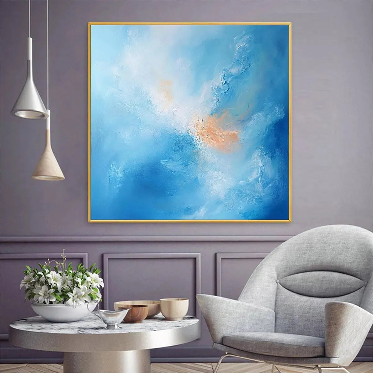 Skyscape Serenity: Abstract Blue and Peach Oil Painting on Canvas