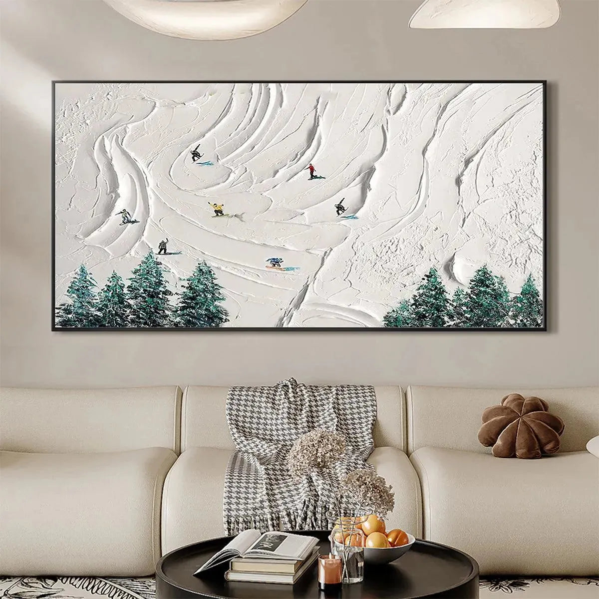 Javier Ramirez's SNOWY PEAKS: Minimalist winter landscape painting featuring skiers on a textured white mountain canvas.