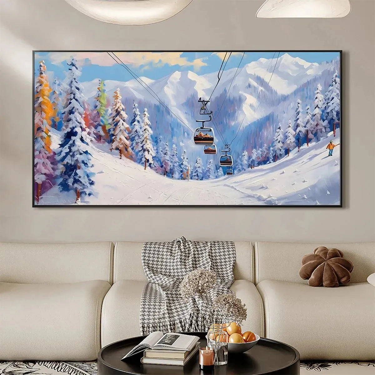 Chak Yu Lam oil painting of ski resort with ski lift on snowy mountains, vibrant impasto trees in room setting.