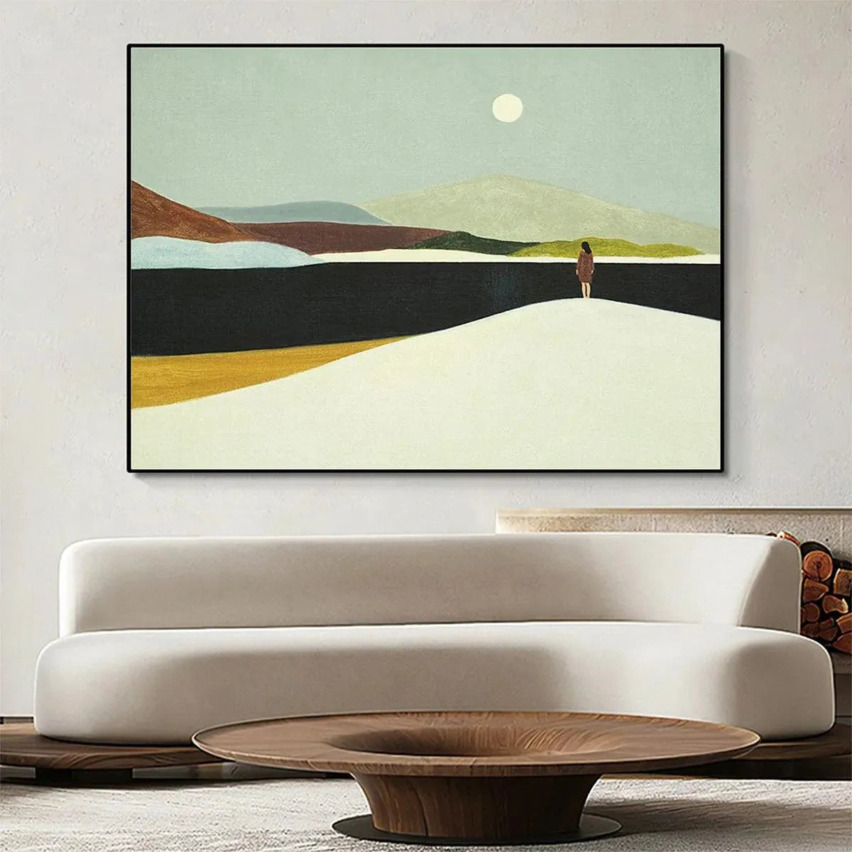 Minimalist landscape art by Isabella Rossi: Solitary figure, horizontal wall art, soft color palette, serene scene.