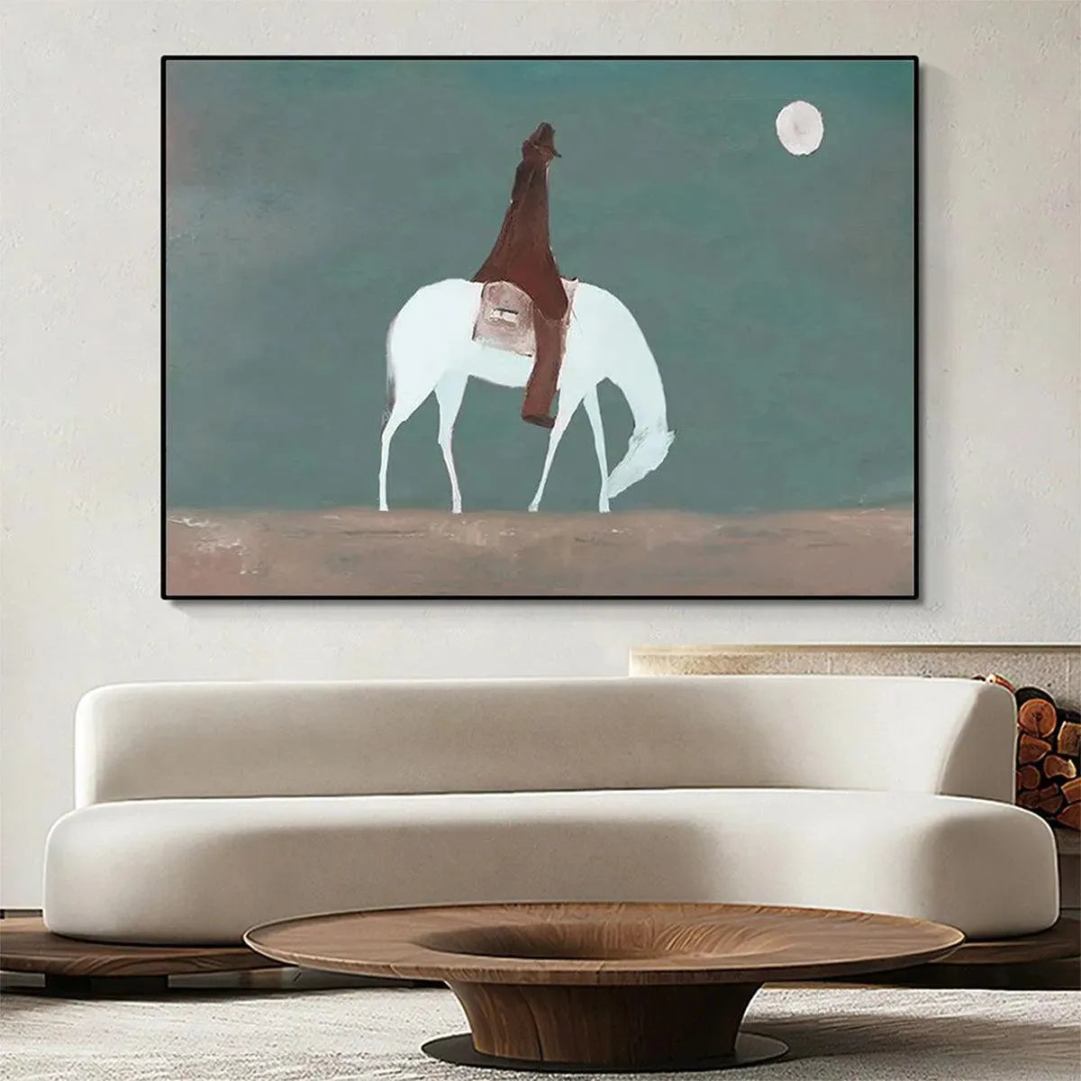 SOLITARY RIDER: Minimalist painting by Liam O'Connell, white horse, rider, full moon, black frame.