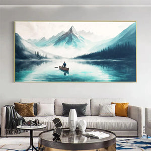 Solitude's Embrace: Panoramic Lake and Mountain Landscape Oil Painting with Canoe on Canvas