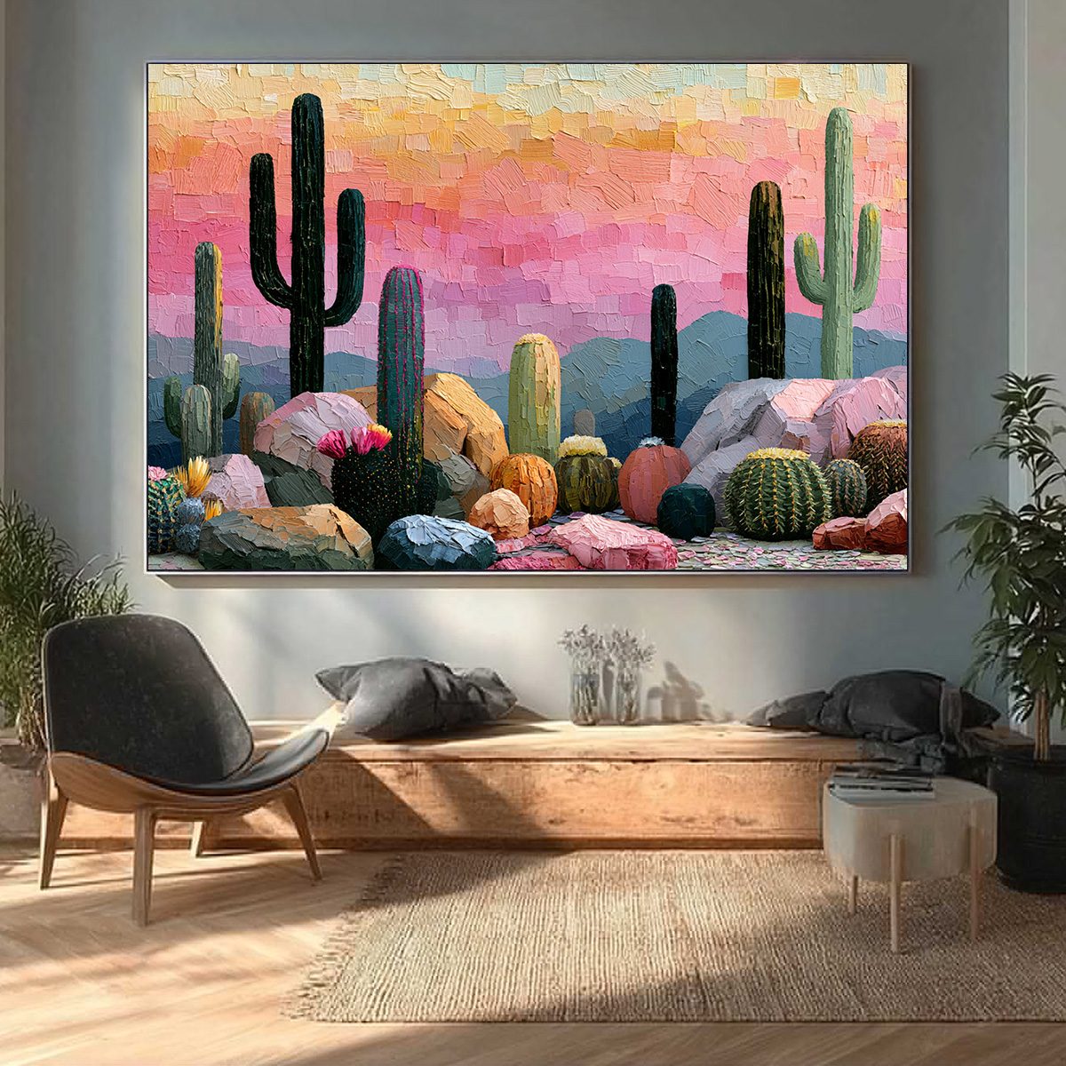 Sonoran Dream Textured Cactus Landscape Oil Painting for Walls