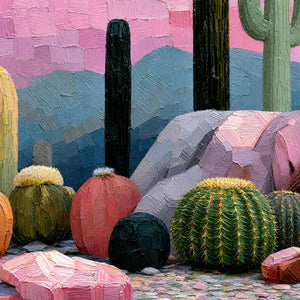 Textured oil painting of colorful cacti, pink sky and desert rocks, boho wall art
