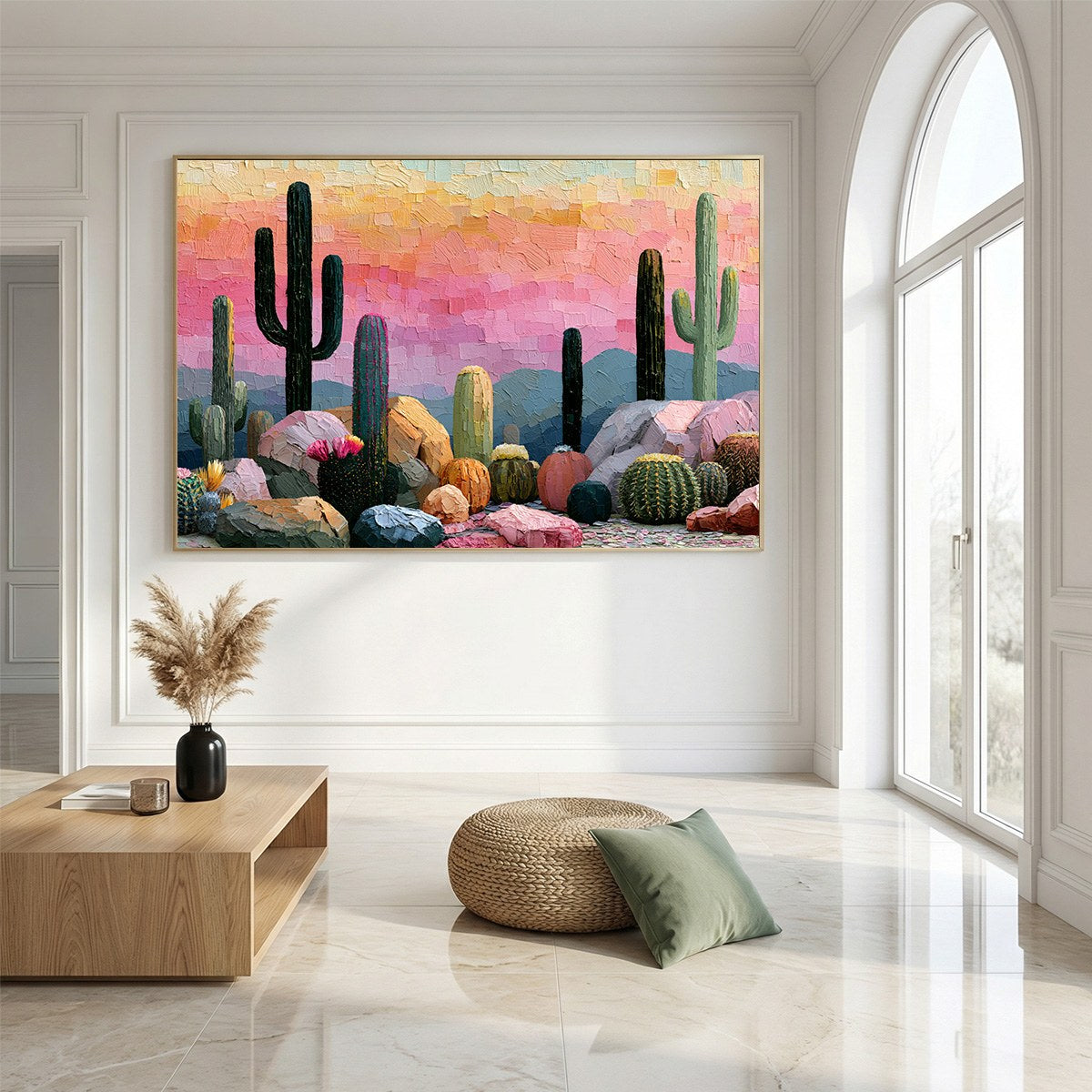 Sonoran Dream Textured Cactus Landscape Oil Painting for Walls