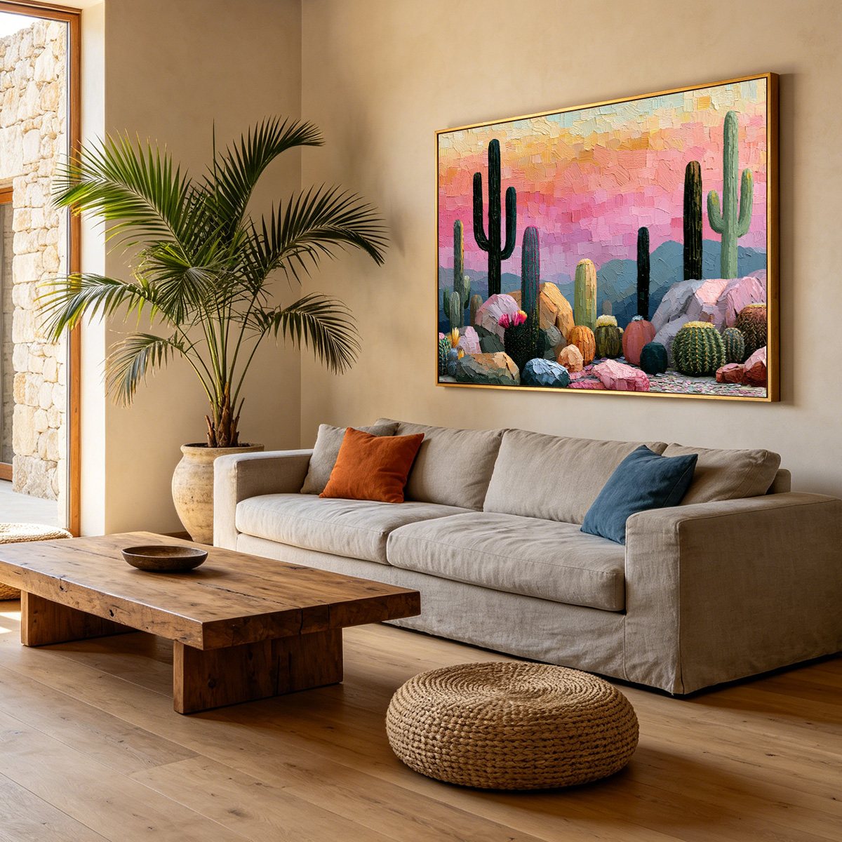 Sonoran Dream Textured Cactus Landscape Oil Painting for Walls