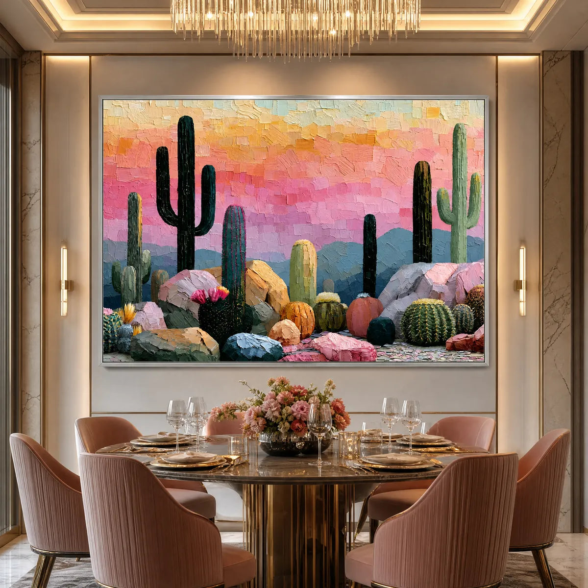 Textured cactus landscape oil painting with pink sunset tones in a dining room