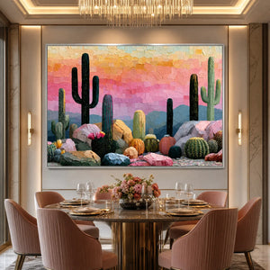 Textured cactus landscape oil painting with pink sunset tones in a dining room