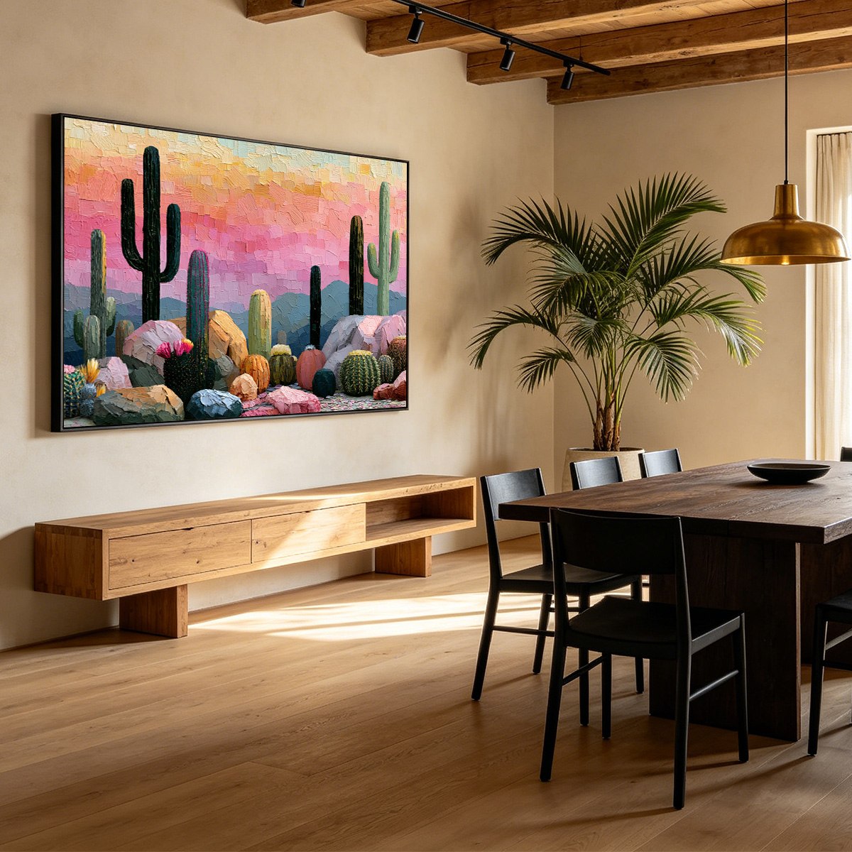 Sonoran Dream Textured Cactus Landscape Oil Painting for Walls