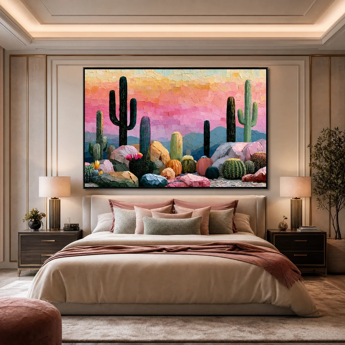 Textured cactus landscape oil painting in pink and gold tones for modern wall art