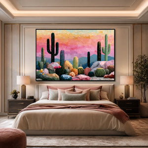 Textured cactus landscape oil painting in pink and gold tones for modern wall art