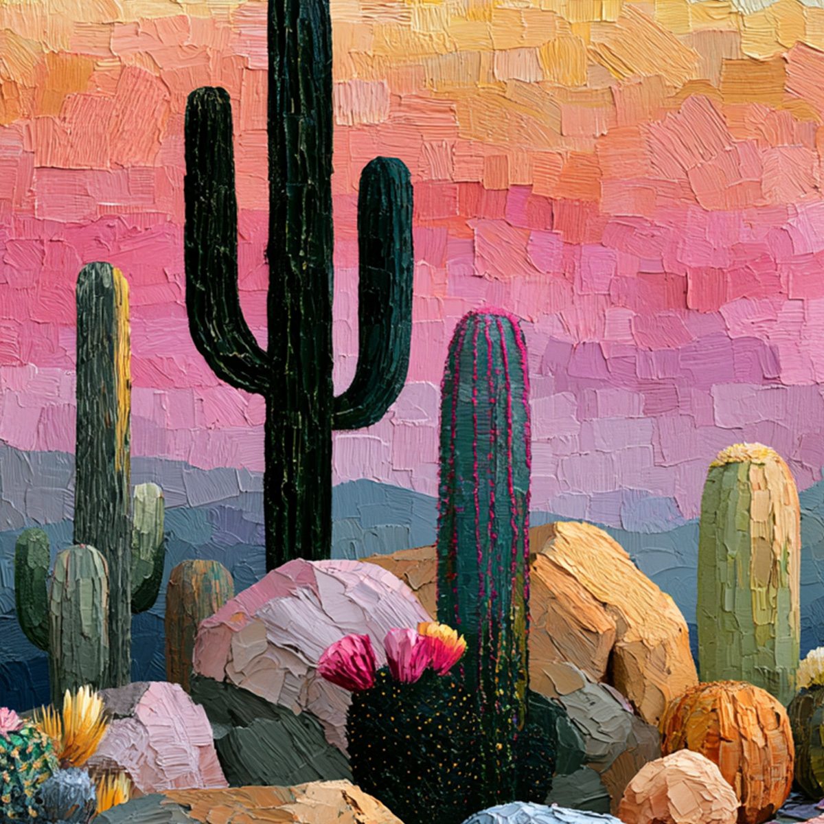 Sonoran Dream Textured Cactus Landscape Oil Painting for Walls