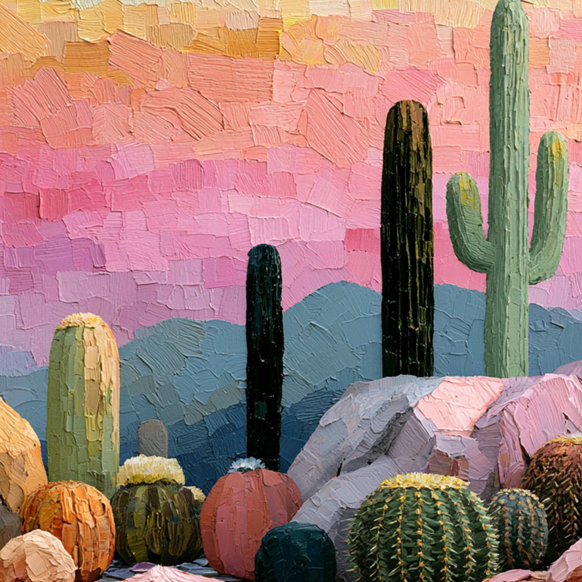 Sonoran Dream Textured Cactus Landscape Oil Painting for Walls