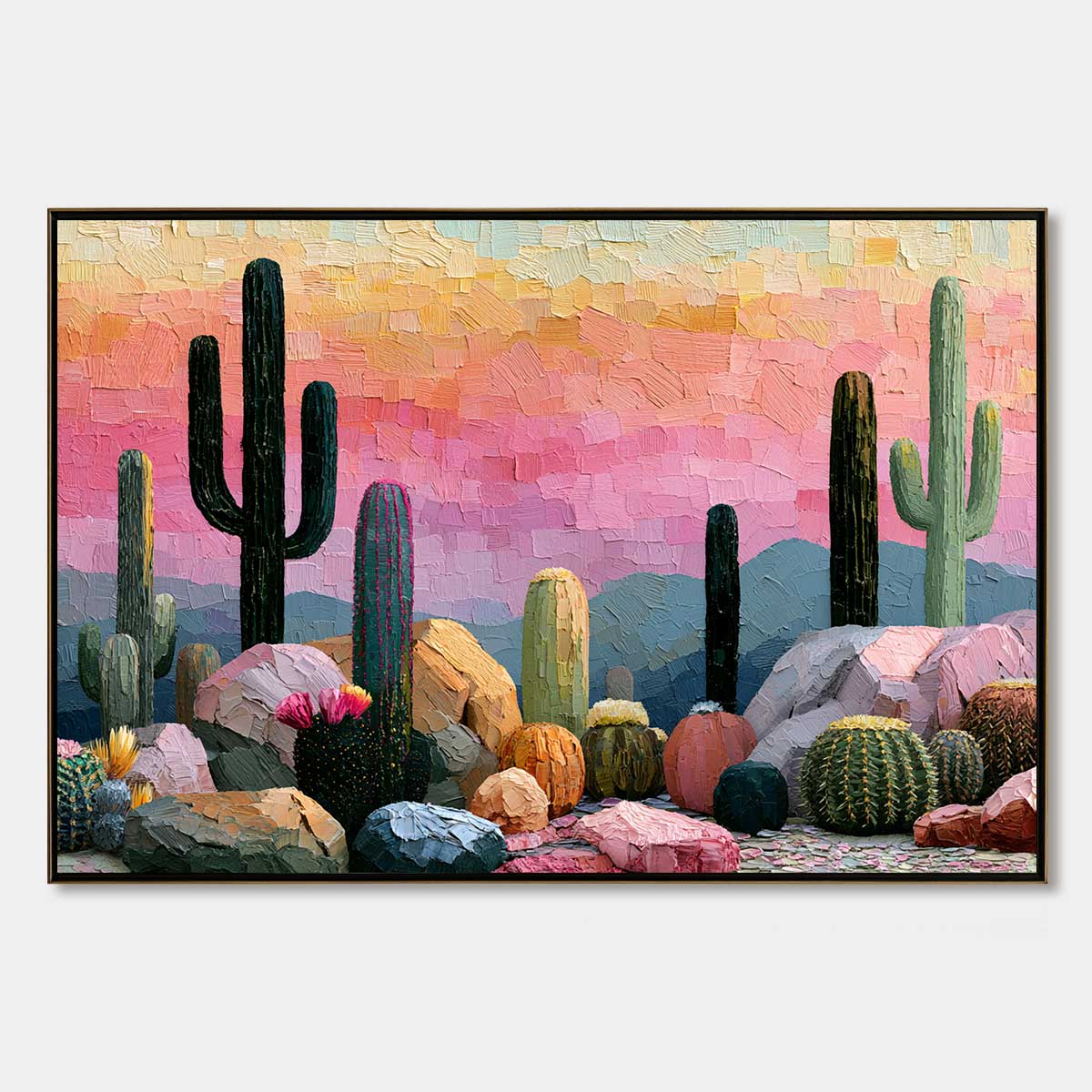 Sonoran Dream Textured Cactus Landscape Oil Painting for Walls