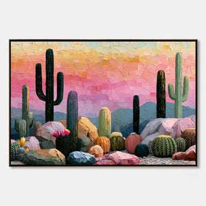 Textured cactus landscape oil painting with pink sky, colorful desert rocks, and framed wall art