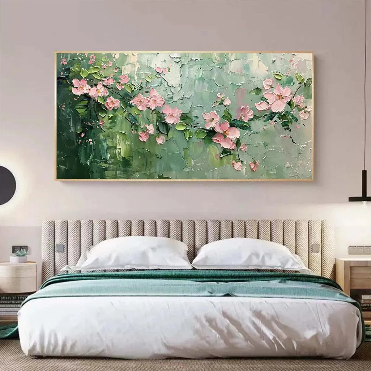 Elodie Dubois Spring Blossom painting: pink floral art, textured green background, framed wall art for bedroom decor