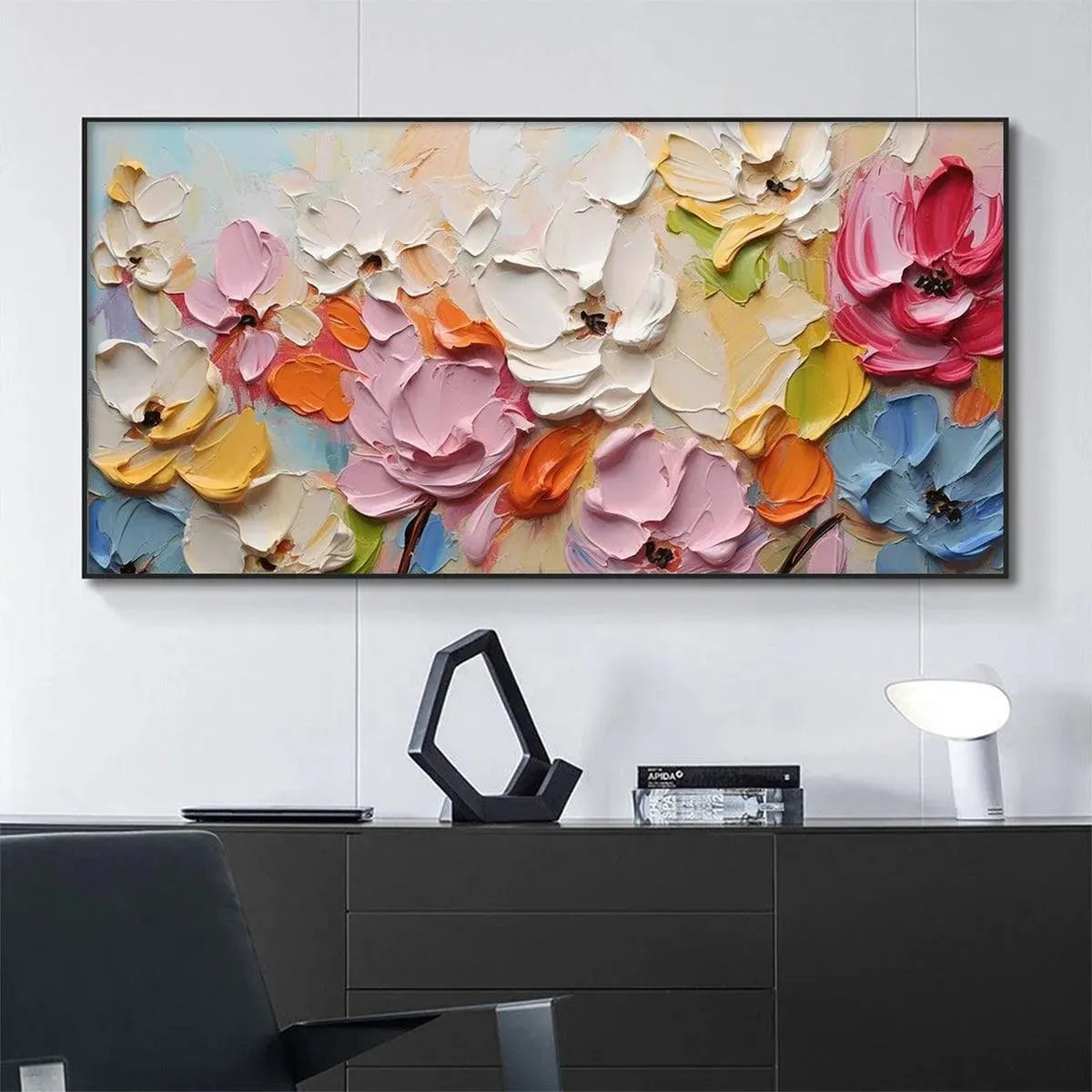 Textured impasto floral painting: pastel rainbow bouquet by Isabella Rossi. Horizontal artwork.