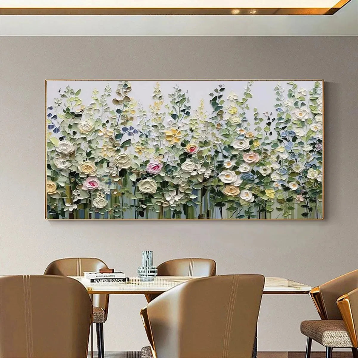 SPRING MEADOW impasto floral painting by Elodie Dubois with textured roses and flowers, framed, ready to hang.