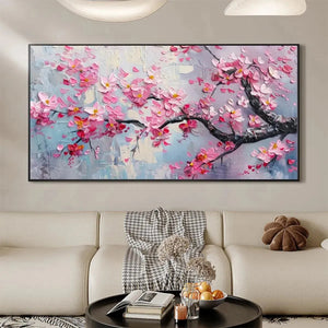 Springtime Serenade cherry blossom painting, textured pink flowers by Elodie Dubois, framed horizontal wall art