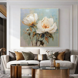 WHITE PEONY DUET: Square Impasto Peony Painting in Soft White