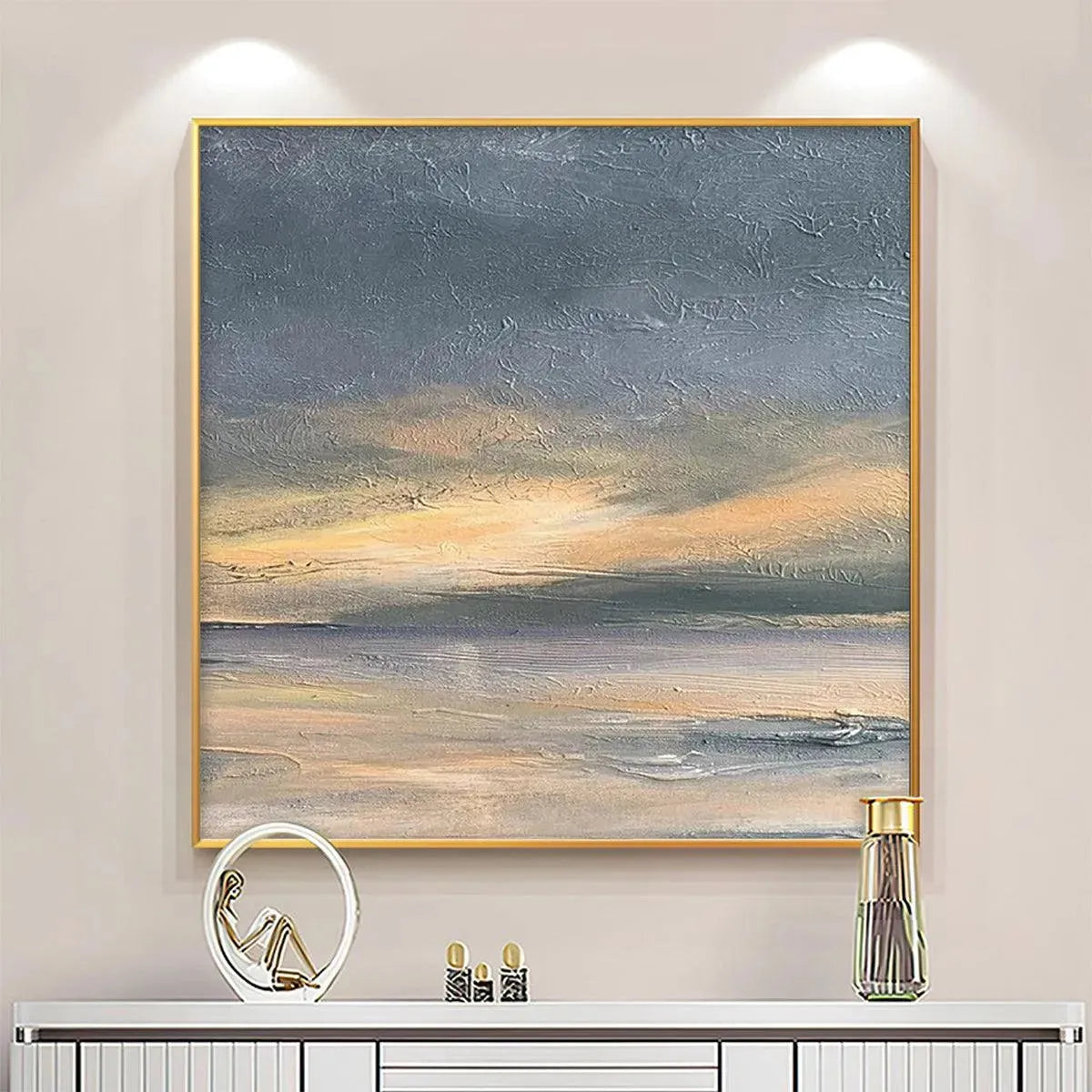 Stormy Seascape by Liam O'Connell: square framed wall art with ocean in gray, yellow, and blue hues. Textured painting.