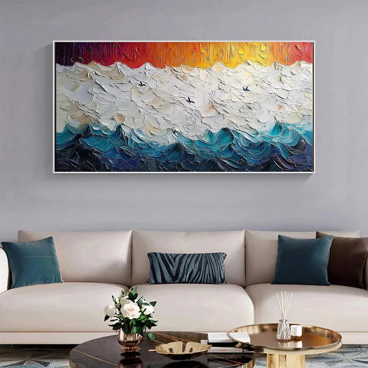 Stormy Skies: Panoramic Ocean Painting | Impasto | Blue, Grey, White | Living Room, Office