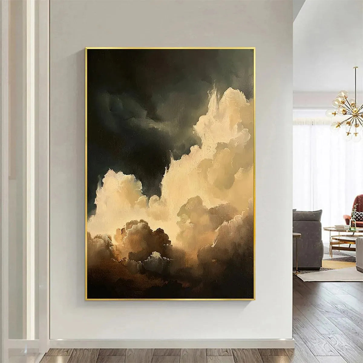 Liam O'Connell 'Stormy Skies' painting: Vertical cloudscape art, gold frame, textured clouds, wall decor