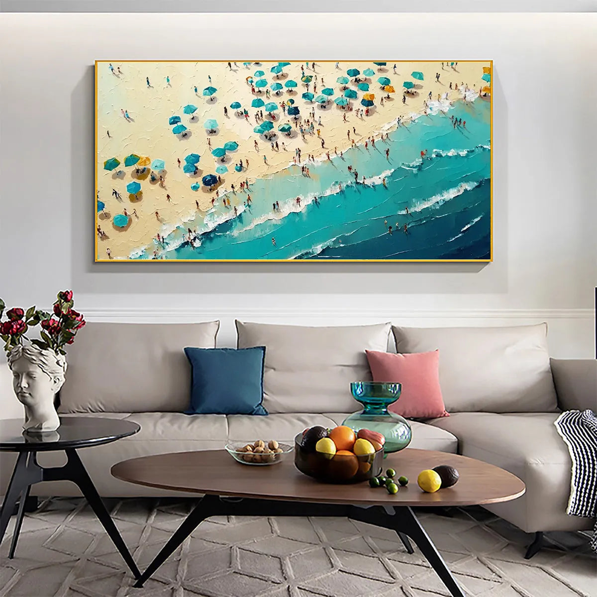 Summer Afternoon: Beach Scene Oil Painting with Beach Umbrellas on Canvas