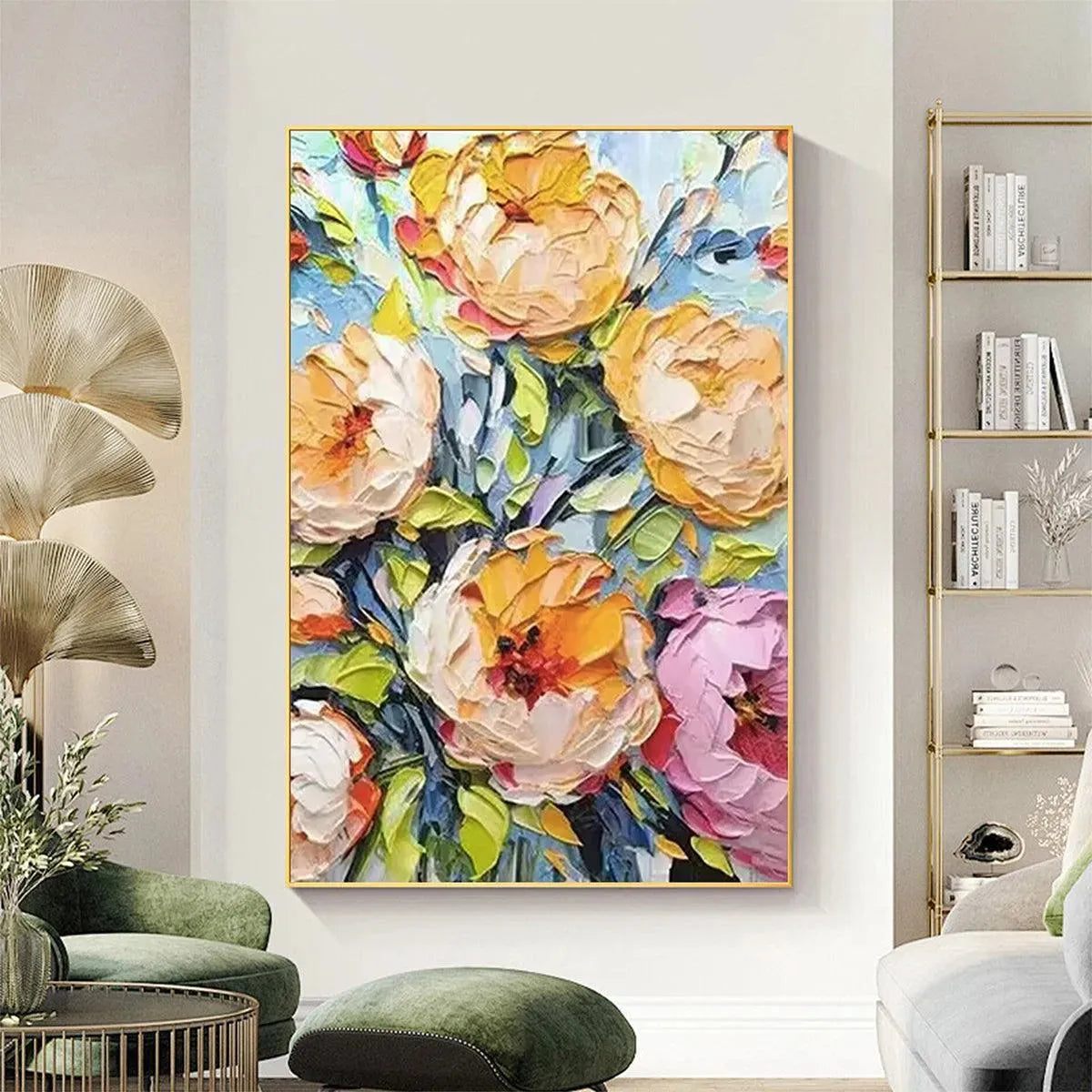 SUMMER BLOOM: Original textured yellow & pink impasto floral painting, blue background. By Elodie Dubois for living room.