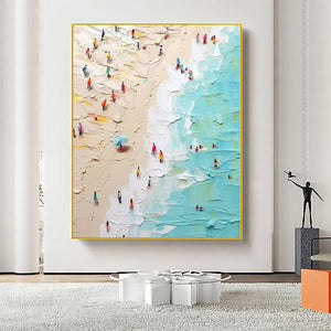 Summer Holiday: Colorful Impasto Beach Scene Oil Painting on Canvas
