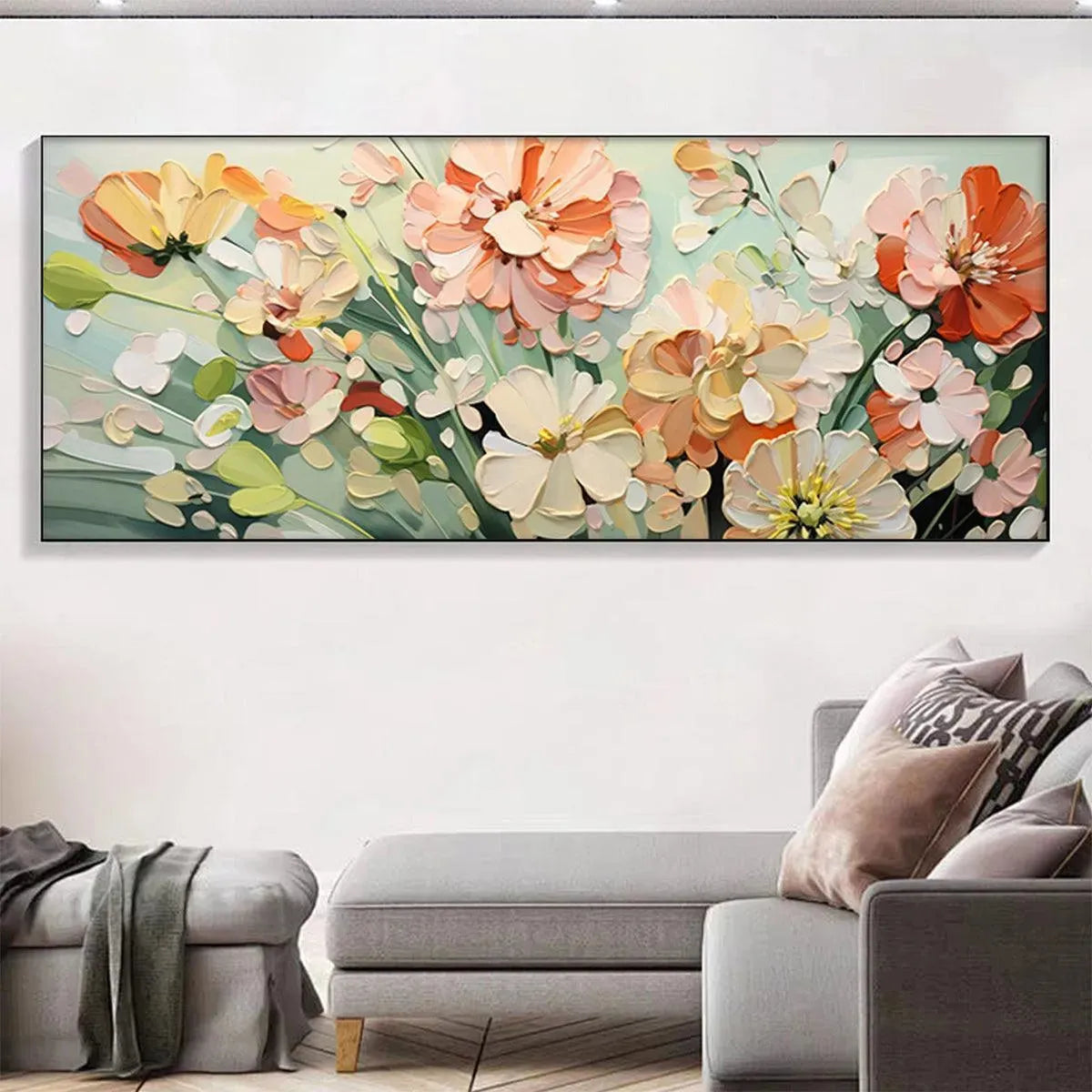 Sunkissed Garden impasto floral painting by Elodie Dubois. Orange, pink, white flowers. Textured artwork for home decor.