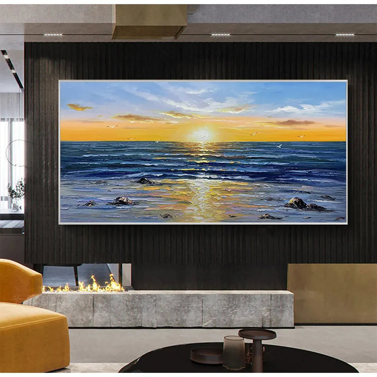 Sunkissed Shores: Panoramic Beach Sunset Painting | Orange, Yellow | Beach & Sea | Living Room, Bedroom, Hotel