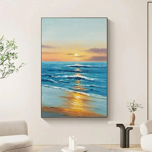Vertical oil painting of a beach sunset with golden sun reflecting on blue waves and shore.