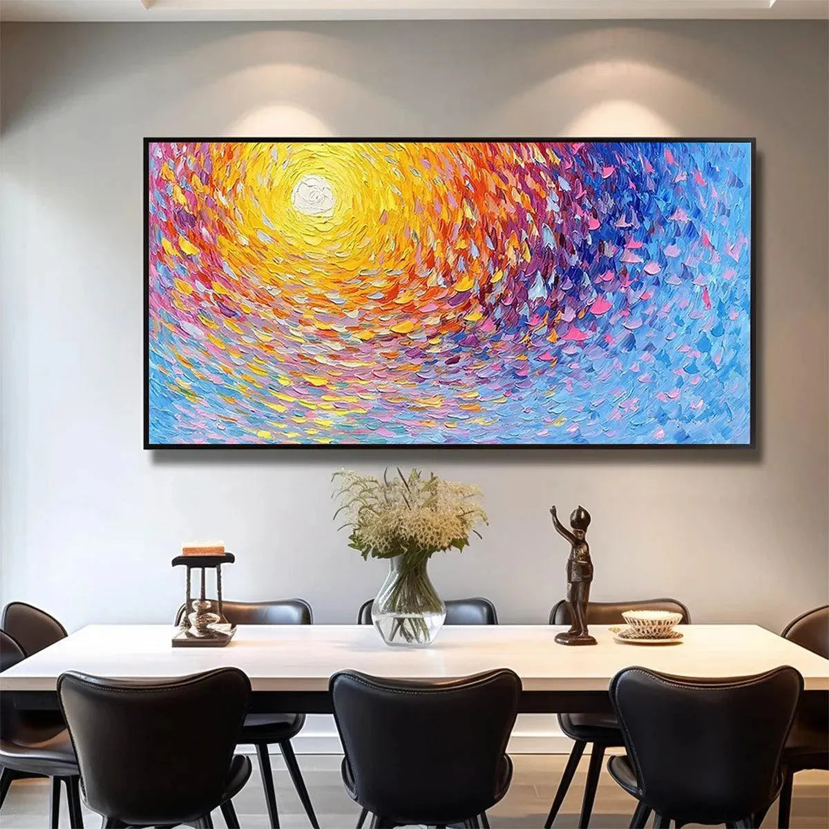SUNRISE SERENADE abstract painting by Willow Davies: Colorful sunrise artwork with textured brushstrokes, framed.